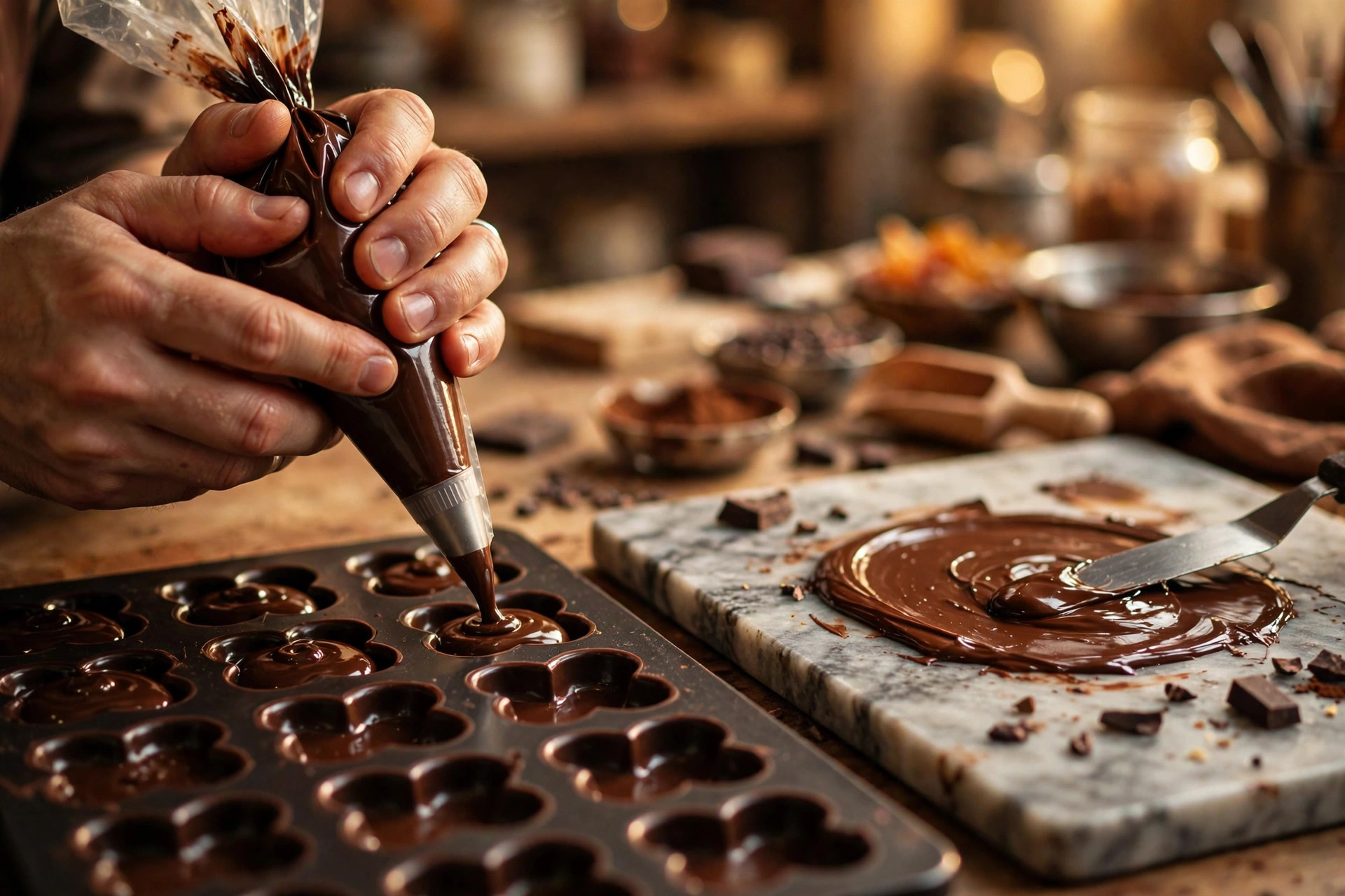 Hands piping chocolate in a Bumble Bean workshop